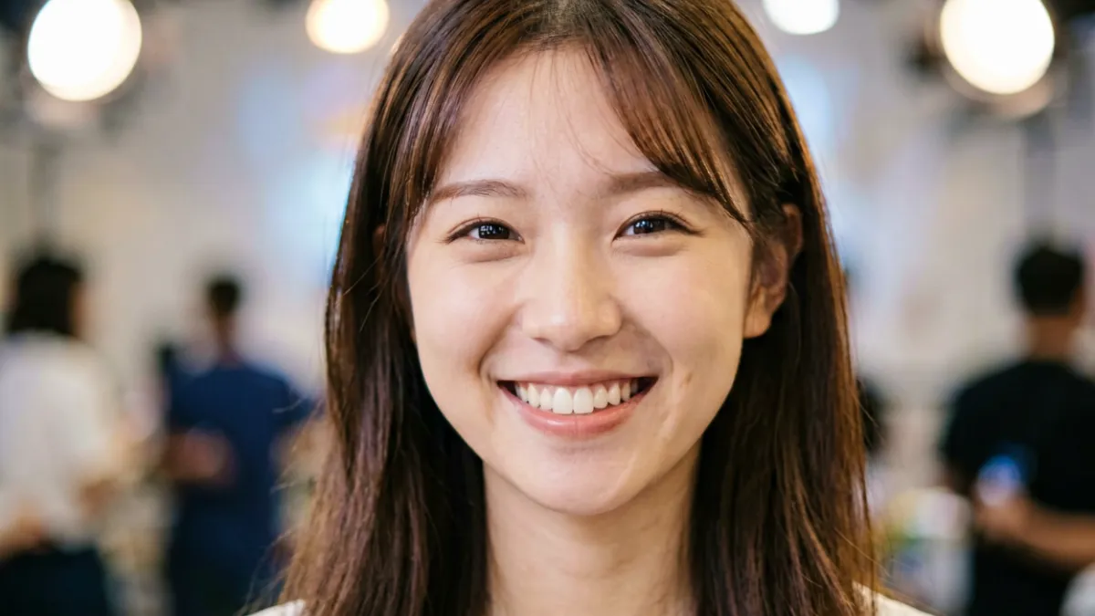 桥本香菜出席活动时面对观众微笑的近距离照片，展现其清透肌肤与亲切气质
