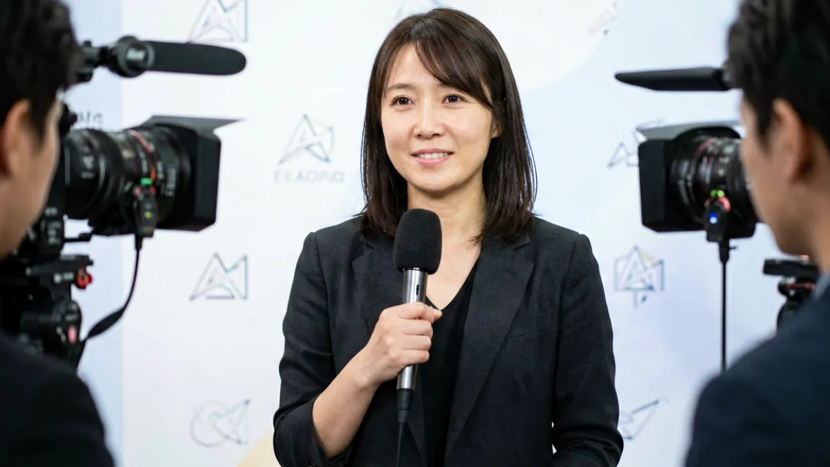 桥本香菜参加演艺活动时接受媒体采访的场景，神情从容自信，体现出成熟的媒体应对能力