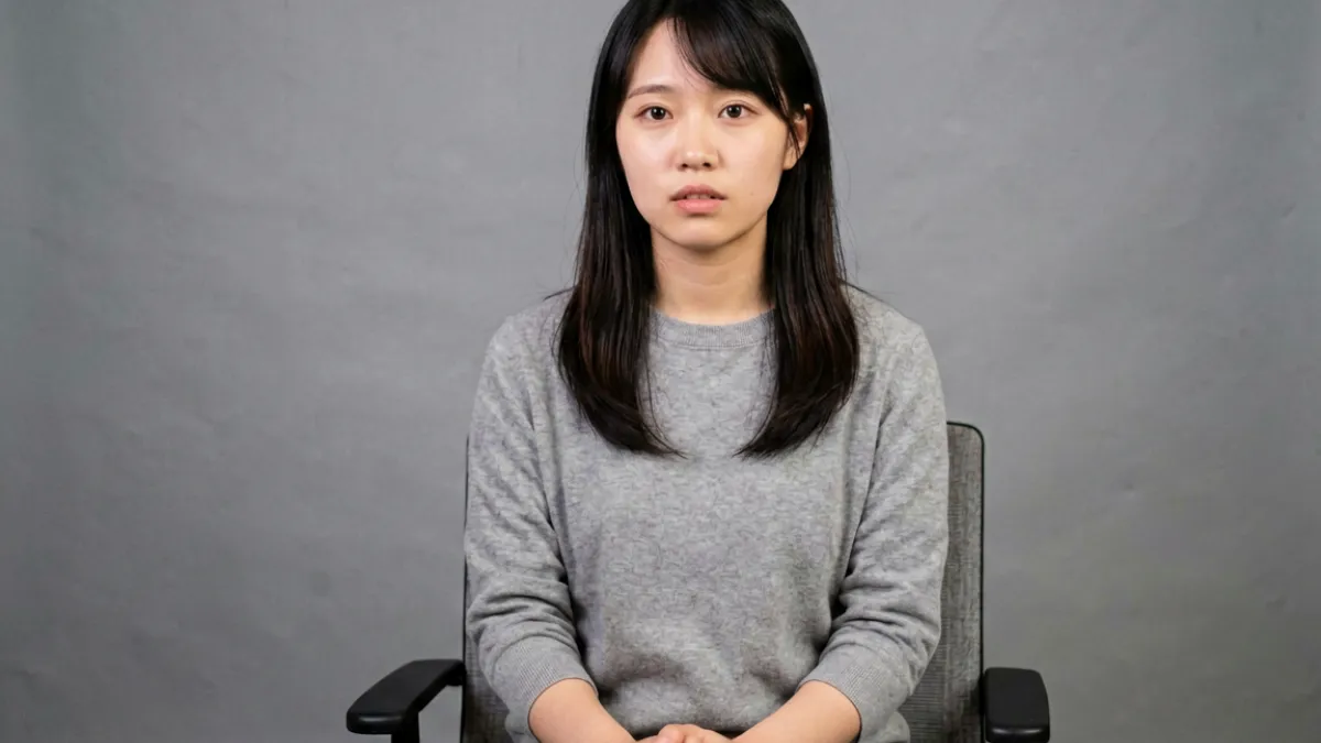 桥本香菜接受视频专访时坐于采访椅上，神情专注，背景为简洁的工作室布景