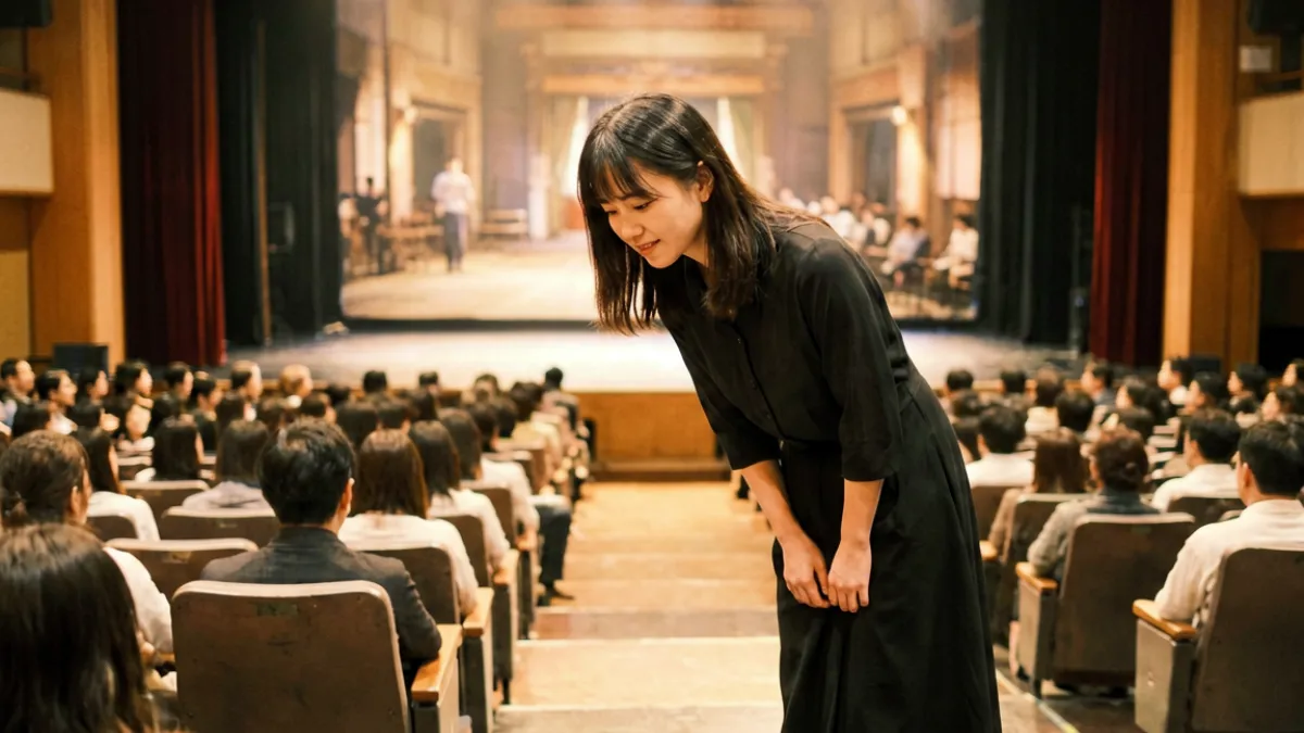 桥本香菜在舞台剧公演结束后于谢幕时向观众致意，舞台灯光明亮，座席几乎满场