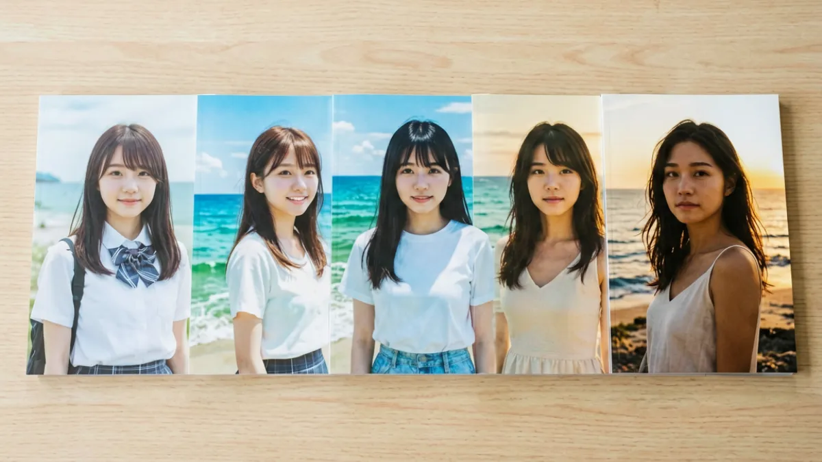 桥本香菜多本写真集封面并排陈列，展示从清新少女风到成熟海外外景风格的演变对比