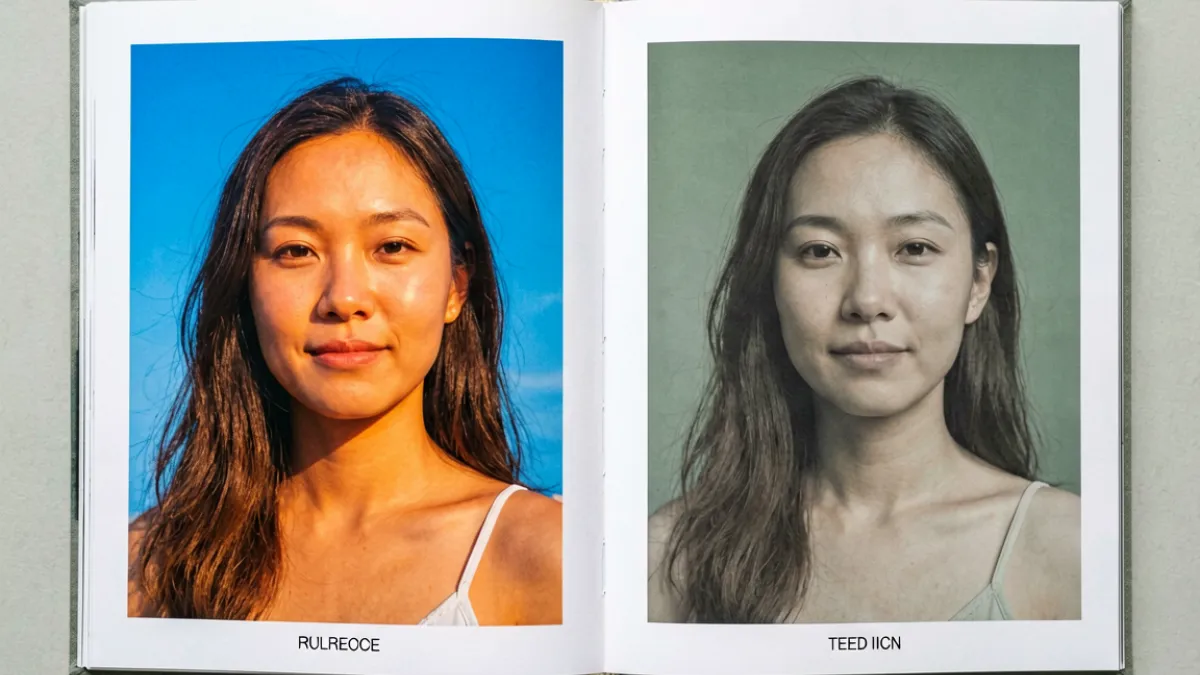 桥本香菜写真集调色风格对比示意，左侧高饱和度海岛色调与右侧低饱和自然系色调并排对比