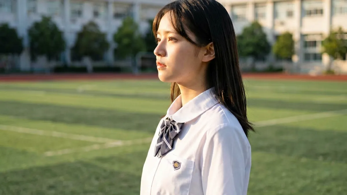 桥本香菜在青春校园剧中饰演女主角，穿着校服站在操场上，阳光打在侧脸