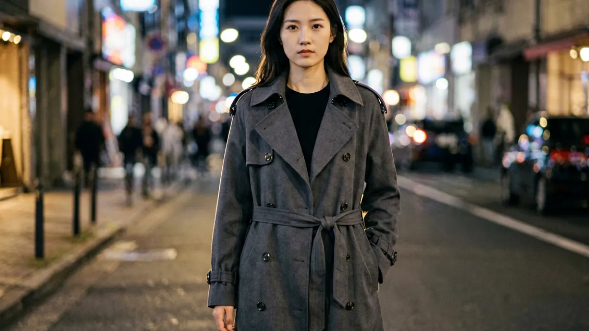 桥本香菜在悬疑推理剧中身穿深色风衣，眼神犀利地盯着某个方向