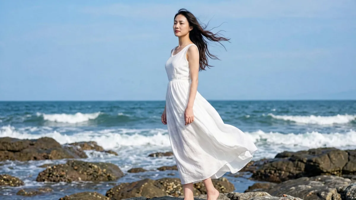 桥本香菜写真集封面拍摄现场，身着白色连衣裙站在海边礁石上，发丝被海风吹起