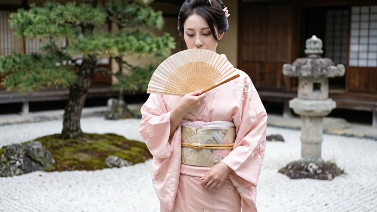 桥本香菜在时代剧中身着和服，手持折扇，背景是日式庭院的枯山水